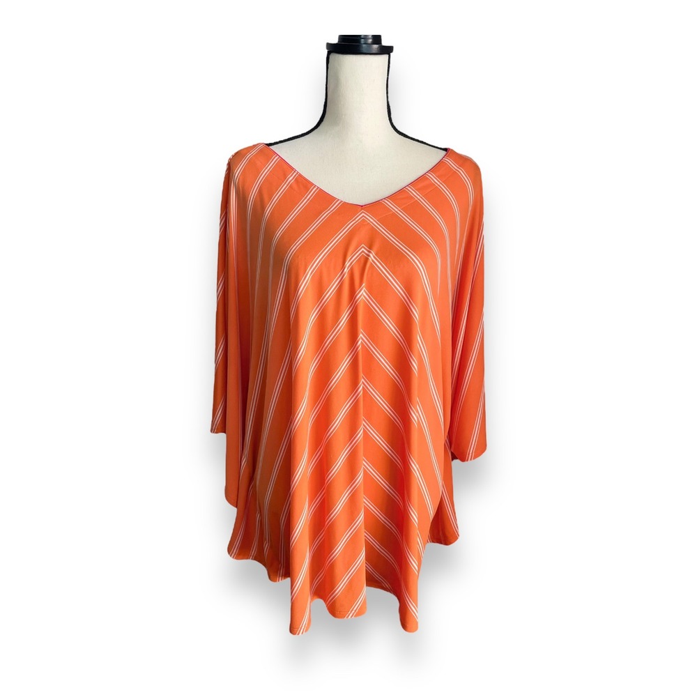 Susan Graver Liquid Knit Tunic Top Orange White Chevron Stripe V-Neck Women's 2X